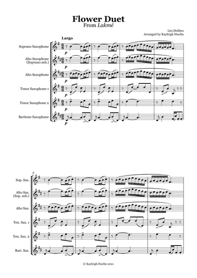 Flower Duet from Lakmé by Delibes - Saxophone quintet (SATTB/AATTB) (arr. Kayleigh Huelin)