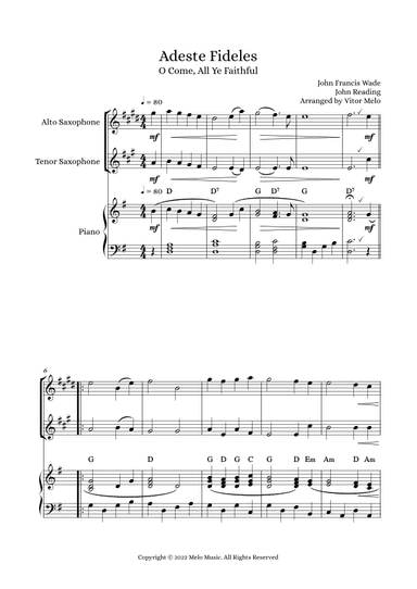 Adeste Fideles (O Come, All Ye Faithful) - alto sax, tenor sax, piano (arr. Vitor Melo)