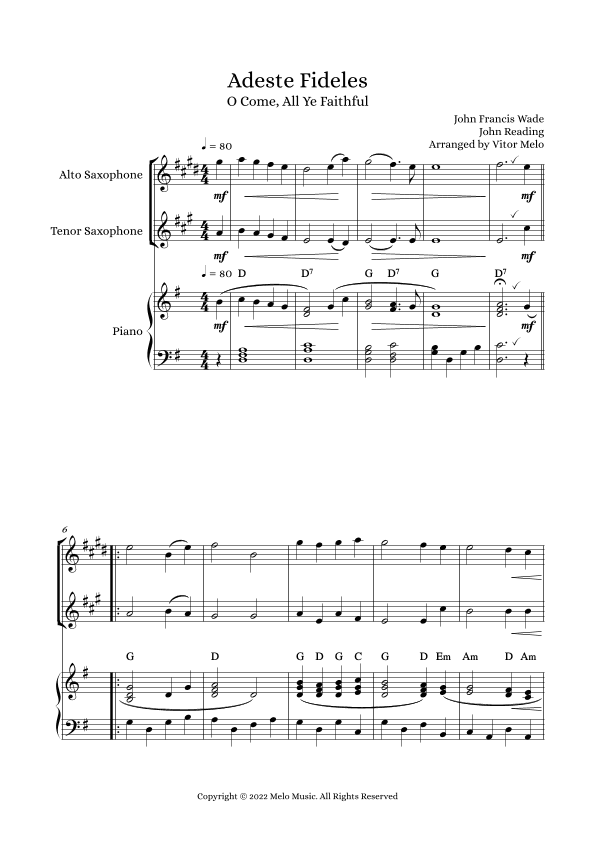 Adeste Fideles (O Come, All Ye Faithful) - alto sax, tenor sax, piano (arr. Vitor Melo)