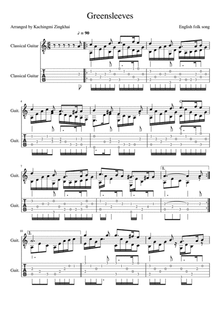 Greensleeves (fingerstyle guitar) tab + sheet music (arr. Kachingmi Zingkhai)