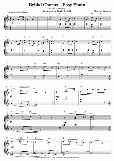 Bridal Chorus (from Lohengrin) - Richard Wagner - Easy Piano (arr. Kevin P. Holt)
