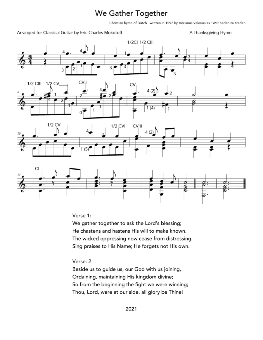 We Gather Together, A Thanksgiving Hymn for Classical Guitar (arr. Eric Charles Mokotoff)