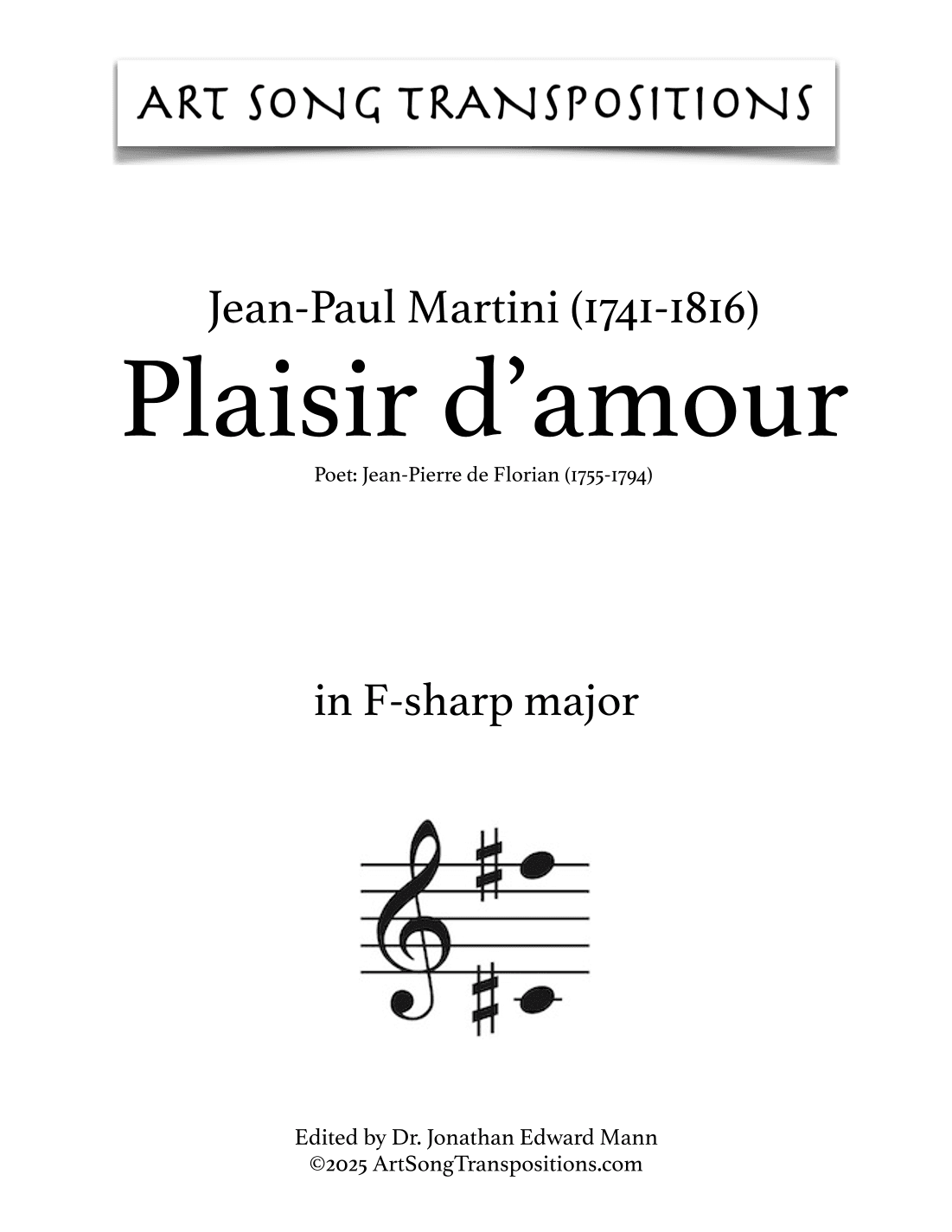 MARTINI: Plaisir d'amour (transposed to F-sharp major) (arr. ArtSongTranspositions.com)