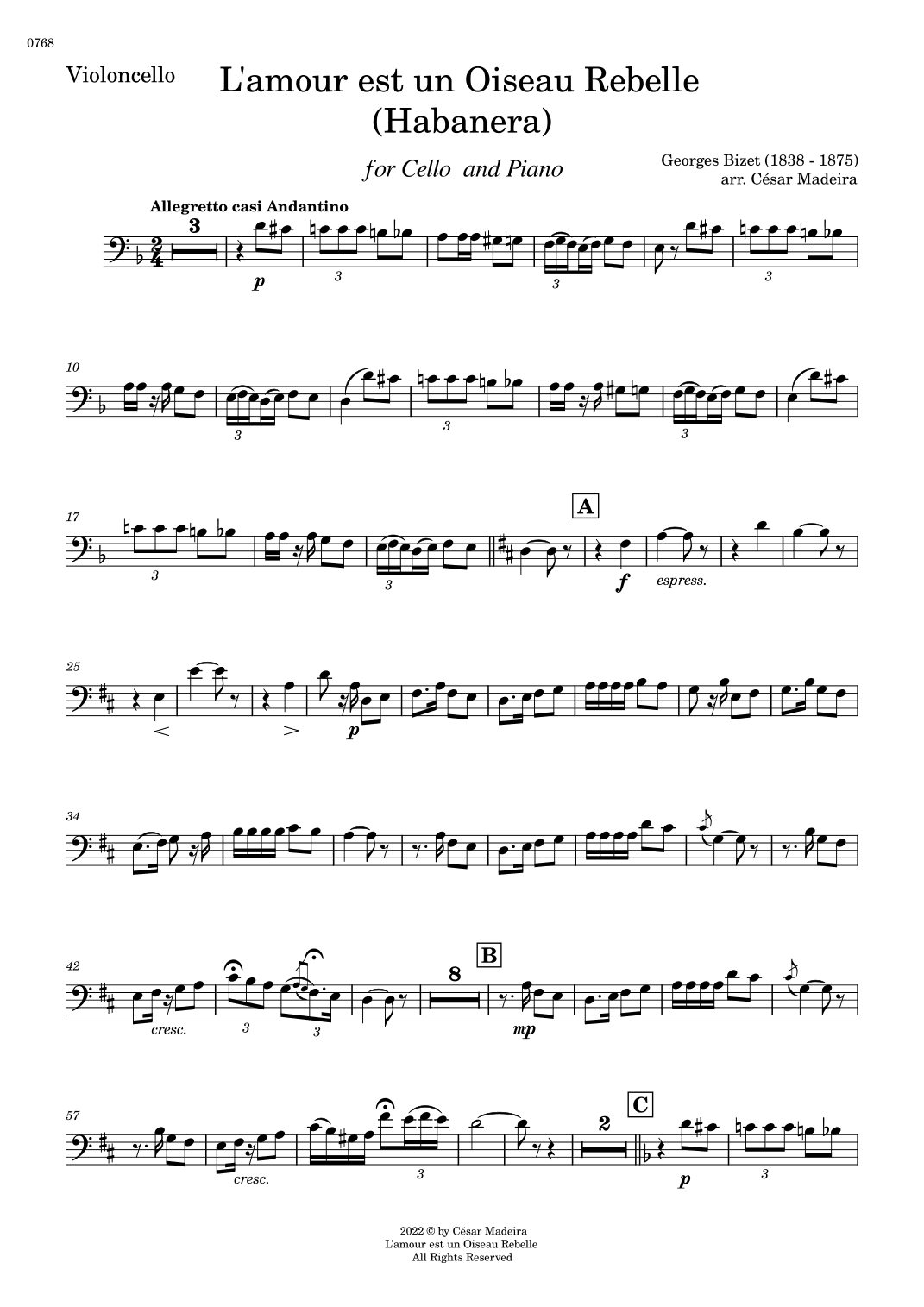 Habanera from Carmen by Bizet - Cello and Piano (Individual Parts) (arr. César Madeira)