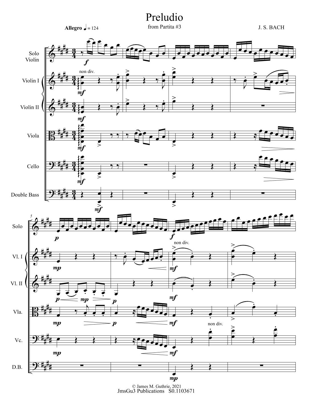 BACH: Preludio from Partita No. 3 BWV 1006.1 for Solo Violin & String Orchestra (arr. James M. Guthrie)