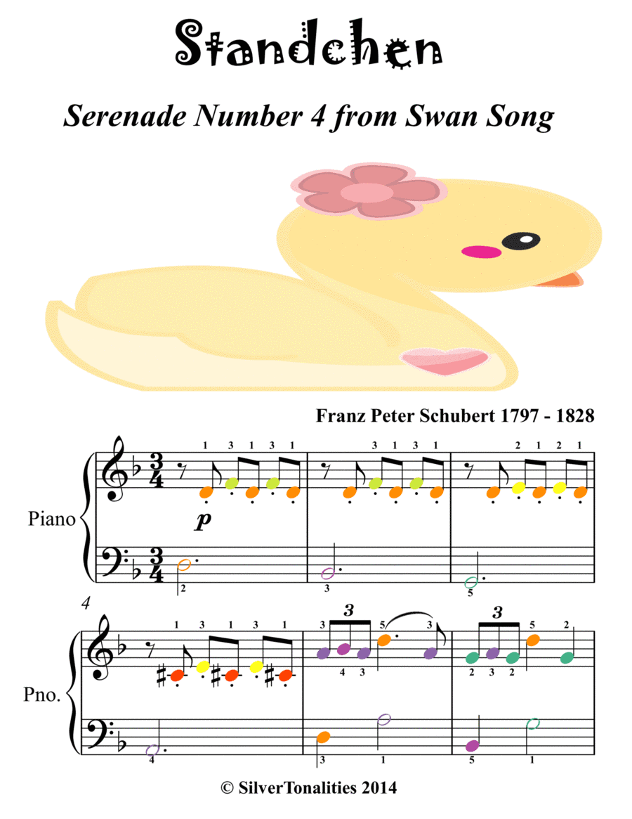 Serenade Standchen Number 4 Easiest Piano Sheet Music with Colored Notes (arr. SilverTonalities)