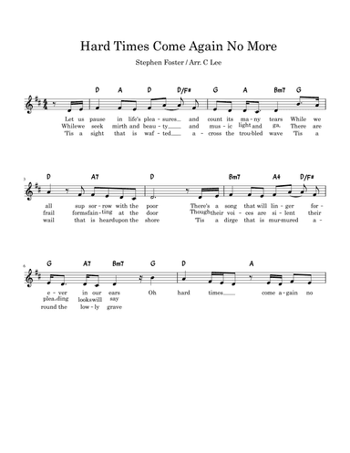 Hard Times Come Again No More (D) (arr. C Lee)
