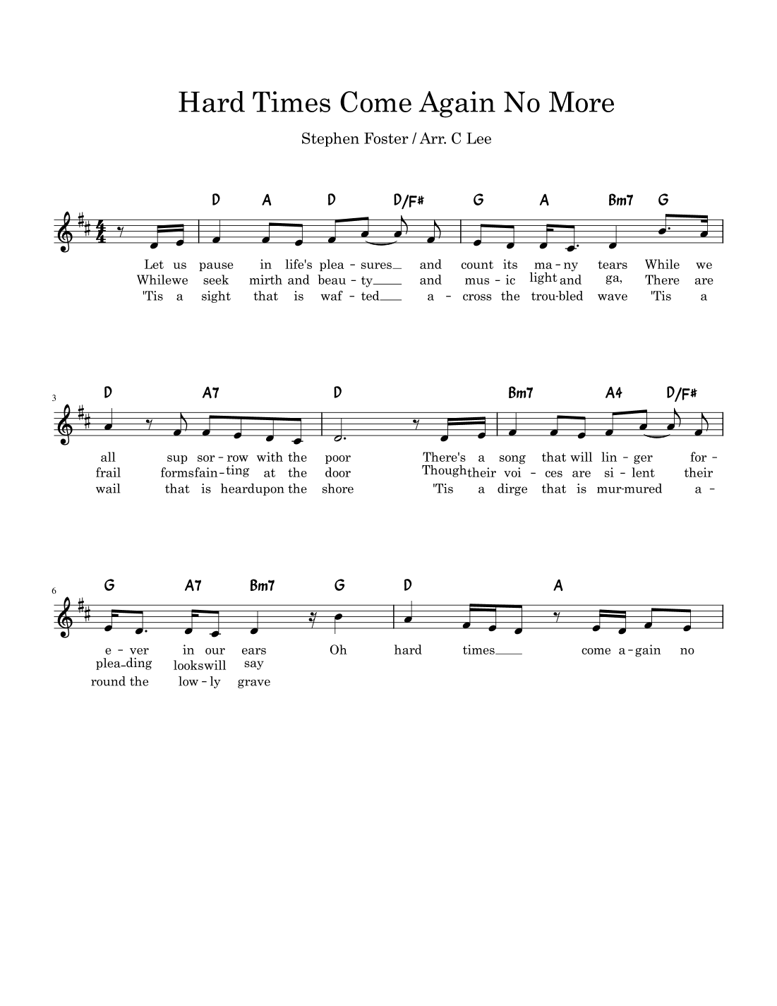 Hard Times Come Again No More (D) (arr. C Lee)