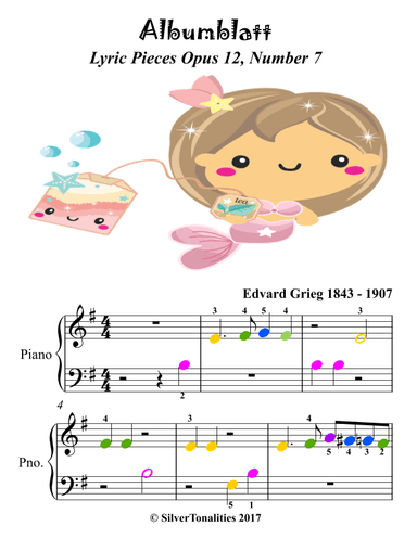 Albumblatt Lyric Pieces Opus 12 Beginner Piano Sheet Music with Colored Notes (arr. SilverTonalities)