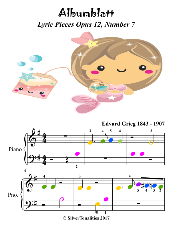 Albumblatt Lyric Pieces Opus 12 Beginner Piano Sheet Music with Colored Notes (arr. SilverTonalities)