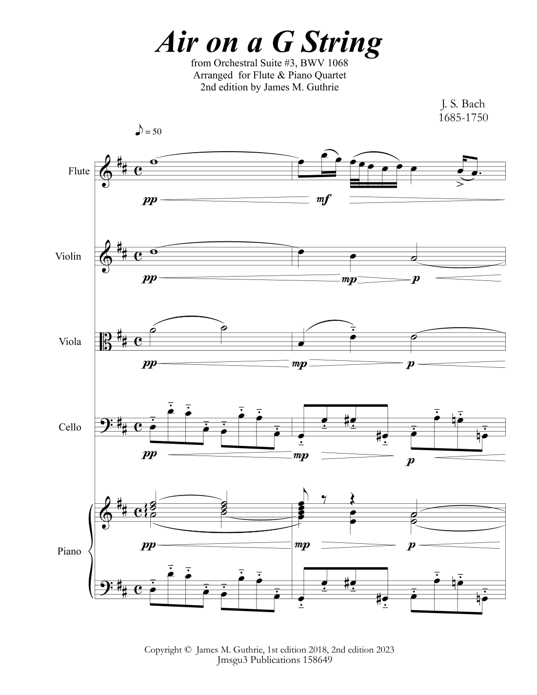 Bach: Air on a G String for Flute & Piano Quartet (arr. James M. Guthrie, ASCAP)