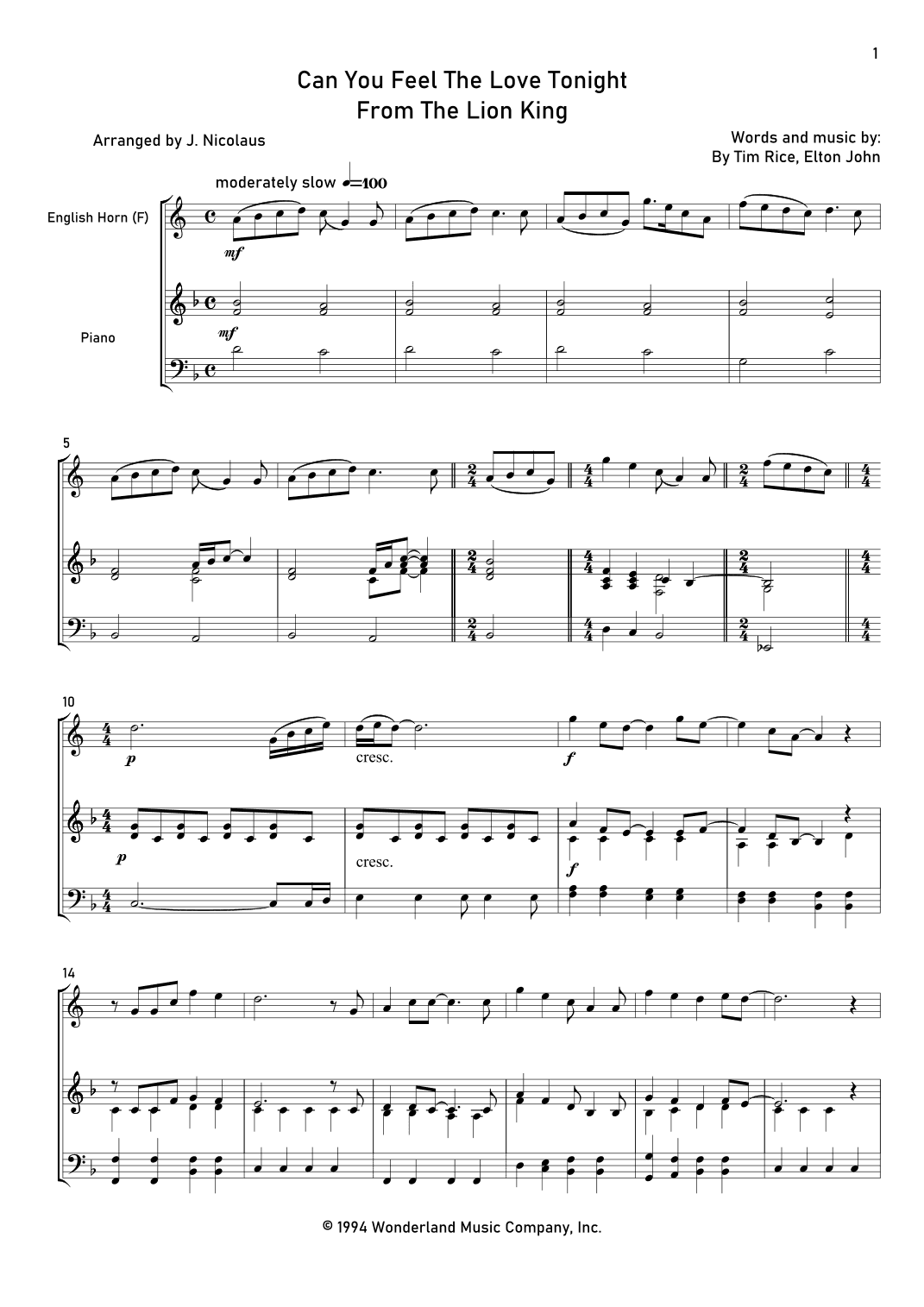 Can You Feel The Love Tonight (arr. John Nicolaus)