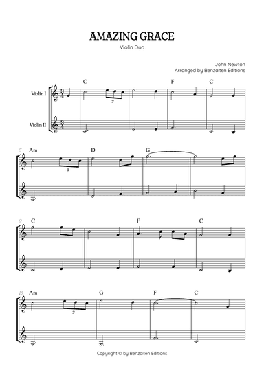 Amazing Grace • easy violin duet sheet music with chords (arr. Benzaiten Editions)