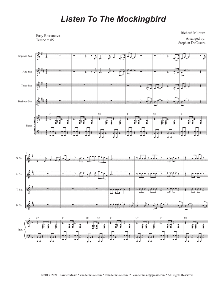 Listen To The Mockingbird (Saxophone Quartet and Piano) (arr. Stephen DeCesare)