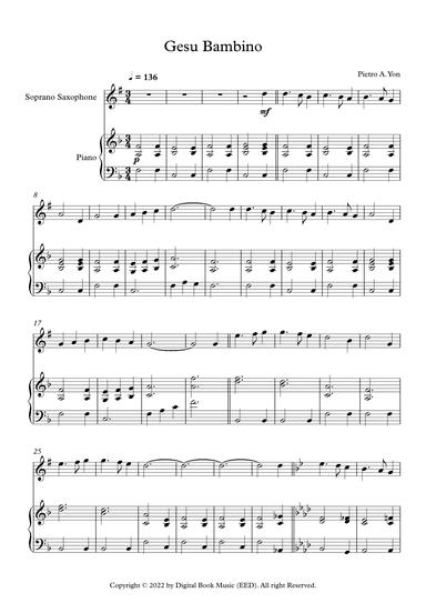 Gesu Bambino (The Infant Jesus) - Pietro A. Yon (Soprano Sax + Piano) (arr. Digital Book Music)