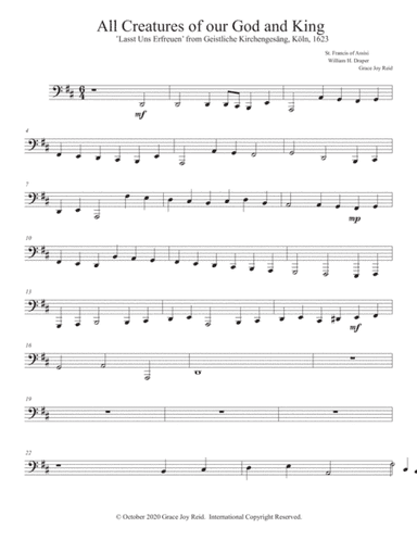 Tuba part for All Creatures of Our God and King for Brass Quintet and Piano (arr. Creating Music Joy)