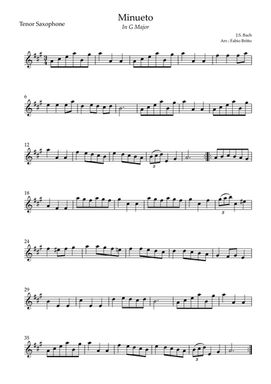 Minueto in G Major ( J.S. Bach) for Tenor Saxophone Solo (arr. Fabio Britto)
