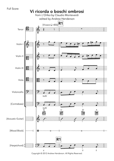 Vi ricorda o boschi ombrosi (score and parts for tenor and strings, with editorial guitar, harpsicho (arr. Andrew Henderson)