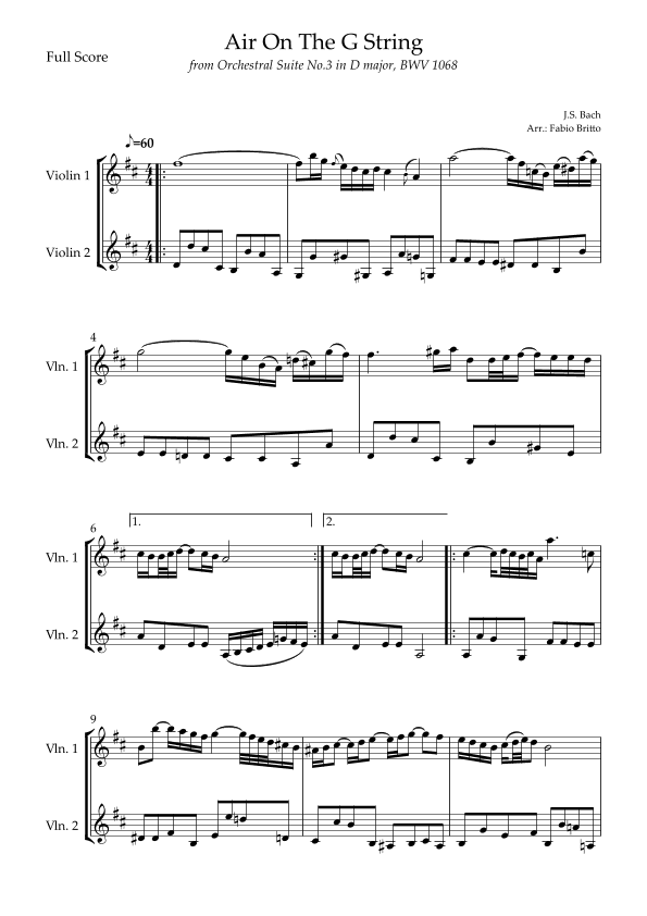 Air On The G String (J.S. Bach) for Violin Duo (arr. Fabio Britto)