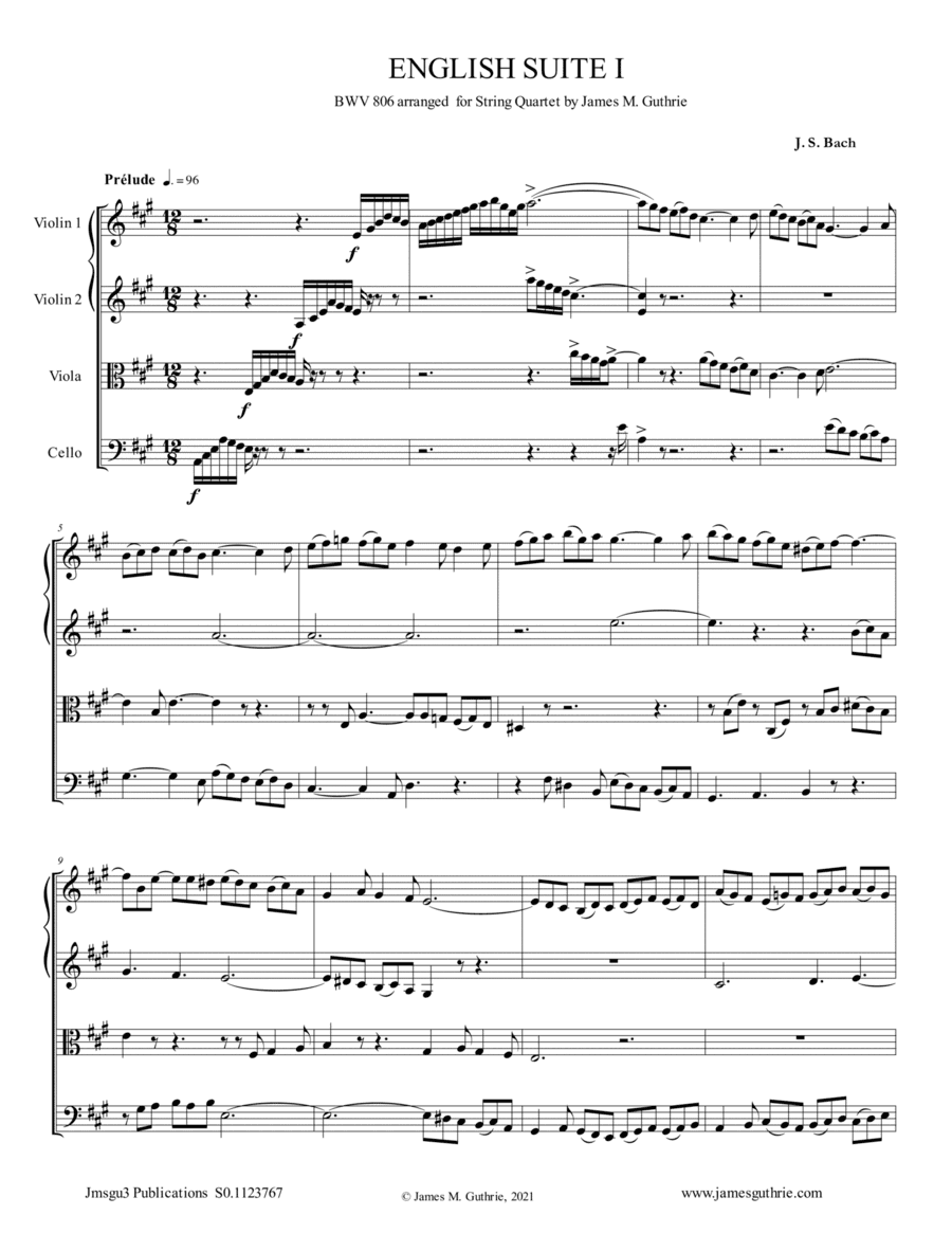 BACH: English Suite No. 1 BWV 806 for String Quartet (arr. James M. Guthrie)