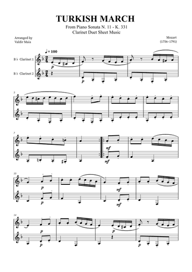 Turkish March - Clarinet Duet (arr. Valdir Maia)