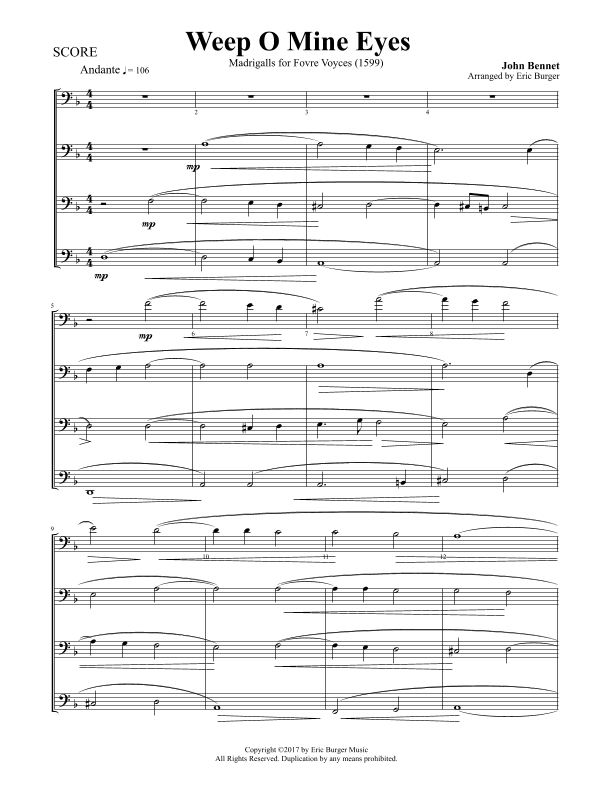 Weep O Mine Eyes for Trombone or Low Brass Quartet (arr. Eric Burger Music)