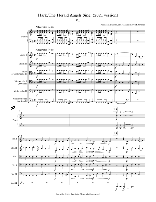 "Hark the Herald Angels Sing" for 2 violins, 2 cellos, piano with optional viola and cello parts (arr. Johannes-Krystof Bowman)