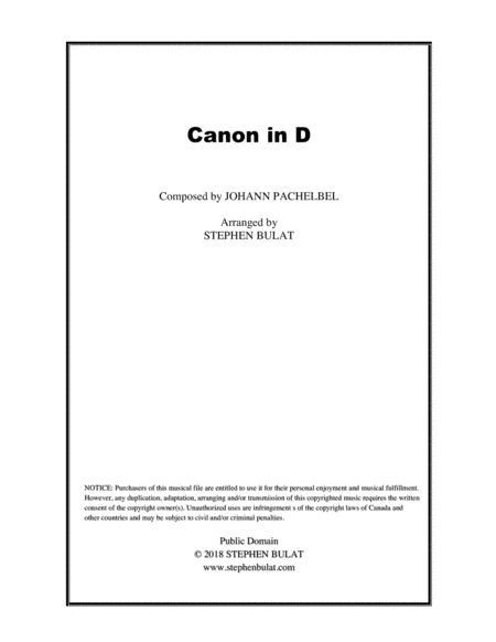 Canon in D (Pachelbel) - Lead sheet (key of B) (arr. Stephen Bulat)