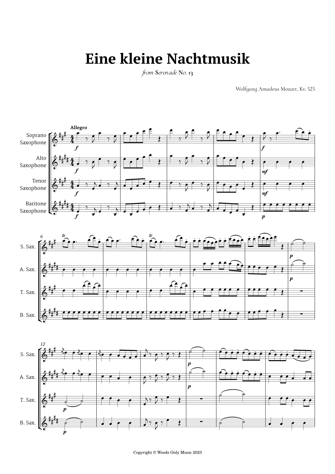 Eine kleine Nachtmusik by Mozart for Saxophone Quartet (arr. Ander)