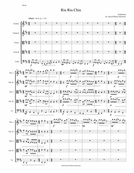 Riu Riu Chiu arranged for string quintet (2 violins, 2 violas, 1 cello) (arr. David Warin Solomons)