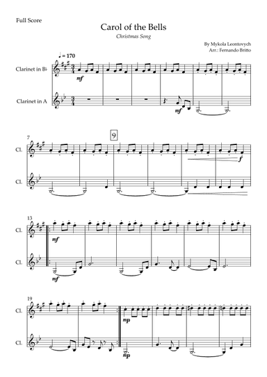 Carol of the Bells in Jazz Version (Christmas Song) for Clarinet in Bb & Clarinet in A Duo (arr. Fabio Britto)
