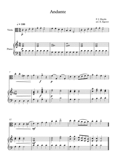 Andante (Surprise Symphony), Franz Joseph Haydn, For Viola & Piano (arr. Eugene Egorov)