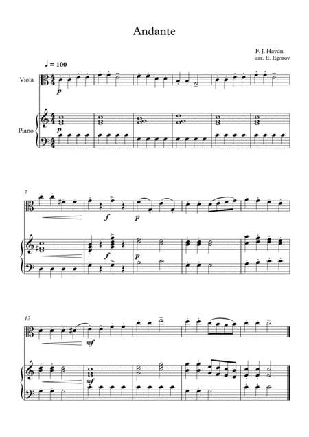 Andante (Surprise Symphony), Franz Joseph Haydn, For Viola & Piano (arr. Eugene Egorov)