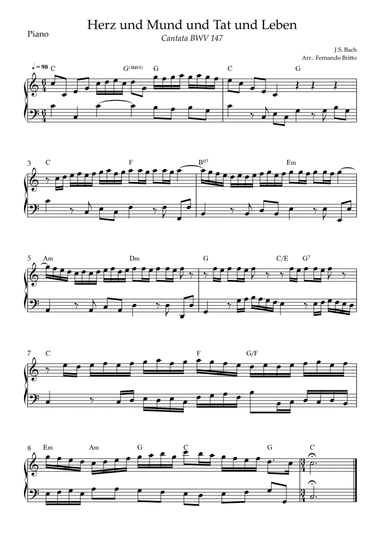 Cantata Herz und Mund und Tat und Leben (J.S. Bach BWV 147) for Piano Solo with Chords (arr. Fernando Britto)