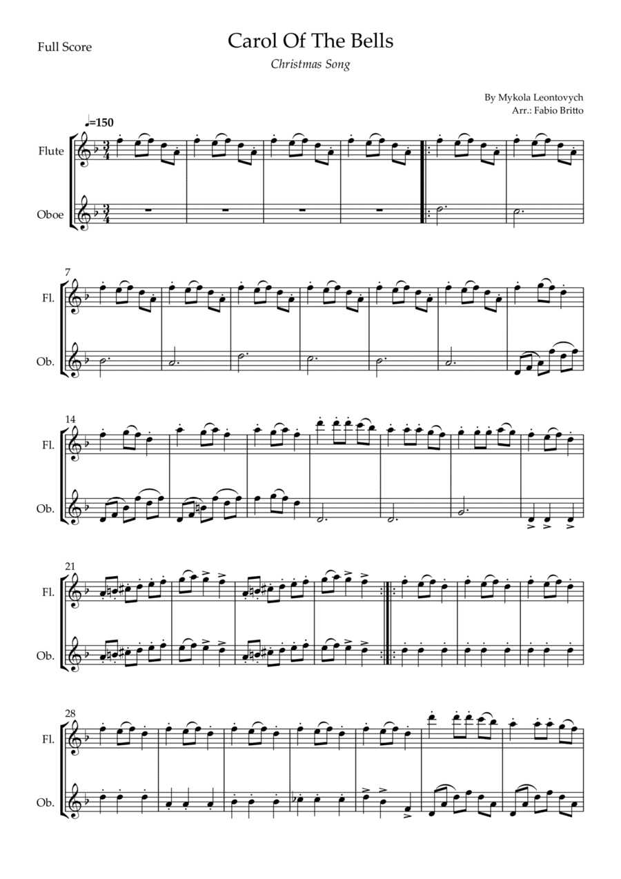 Carol Of The Bells (Christmas Song) for Flute & Oboe Duo (D Minor) (arr. Fabio Britto)