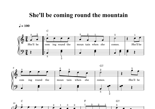 She'll be coming round the mountain - piano sheet music (arr. Piano eTutor app)