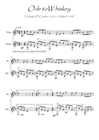 Ode to Whiskey by Turlough O Carolan Flute guitar duet (arr. PianoSheetNow)