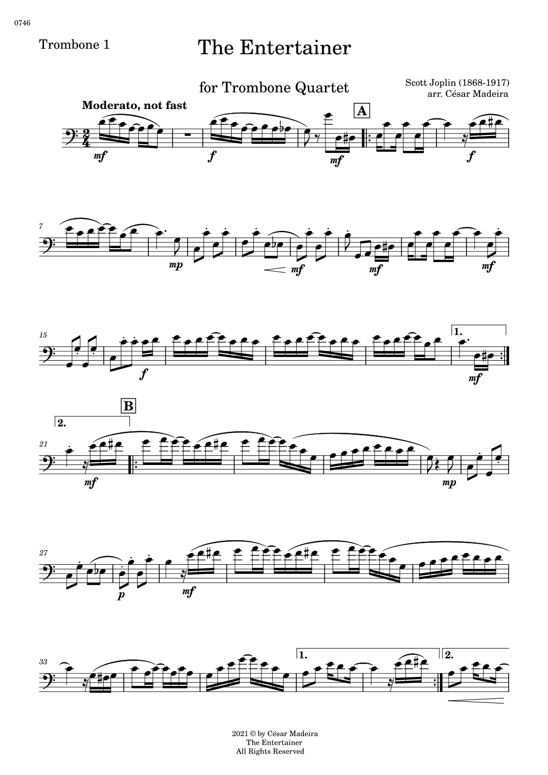 The Entertainer by Joplin - Trombone Quartet (Individual Parts) (arr. César Madeira)