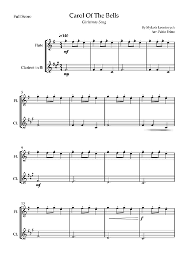 Carol Of The Bells (Christmas Song) for Flute & Clarinet in Bb Duo (arr. Fabio Britto)