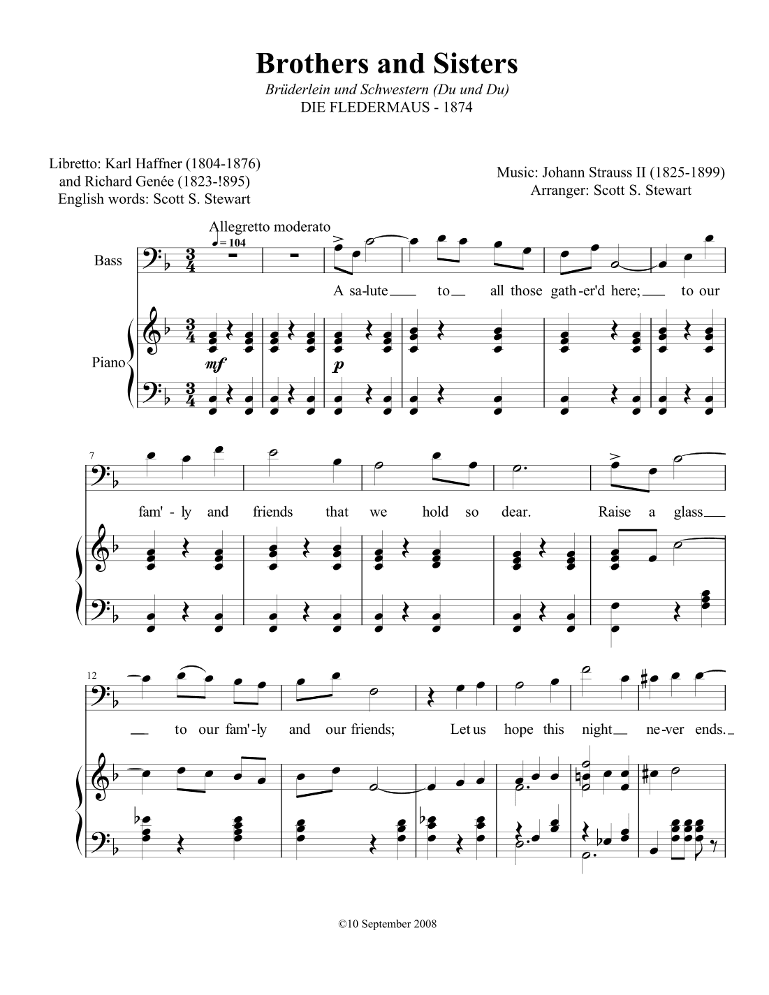 Brothers and Sisters (Brüderlein und Schwestern “Du und Du”), Die Fledermaus (arr. Scott S. Stewart)