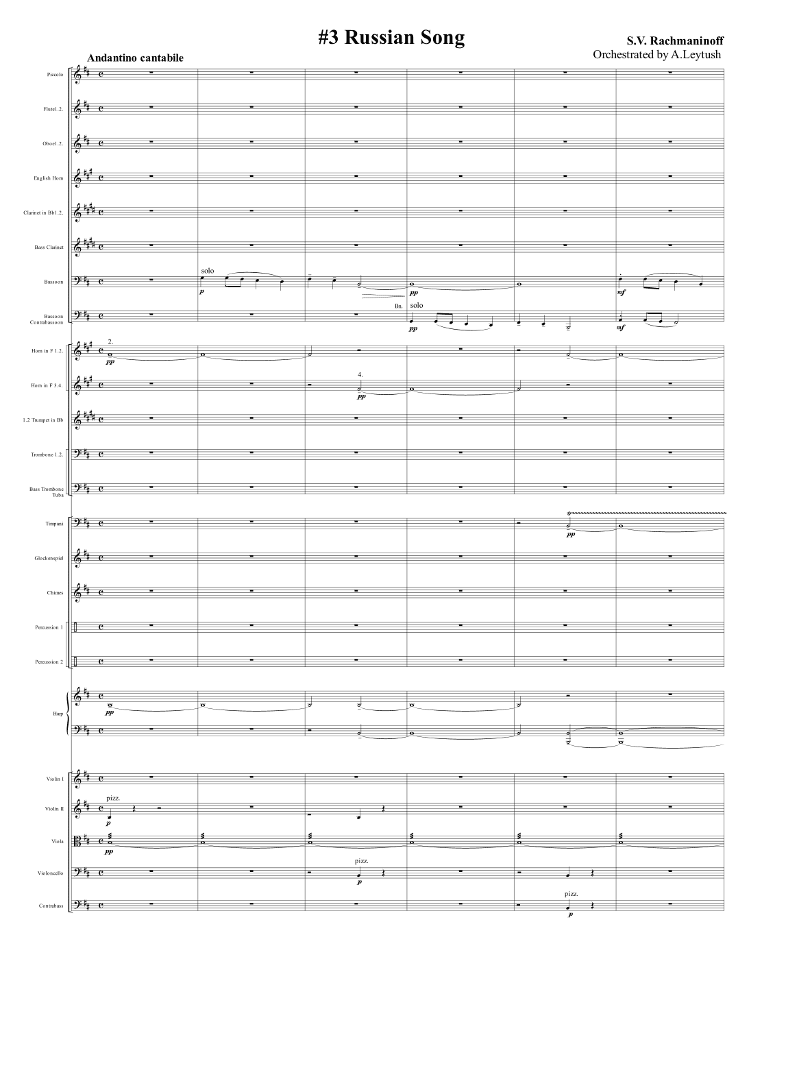 S. Rachmaninov - "Russian Song", #3, Op. 11, Orchestrated by A. Leytush - Score Only