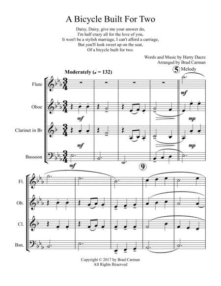 A Bicycle Built for Two for Woodwind Quartet (arr. Brad Carman)