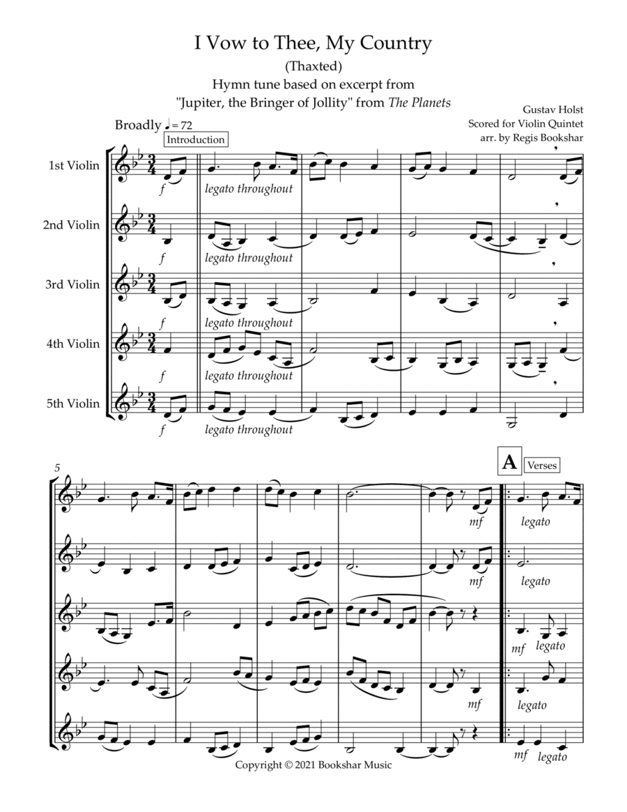 I Vow to Thee, My Country (Thaxted) (Bb) (Violin Quintet) (arr. Regis Bookshar)