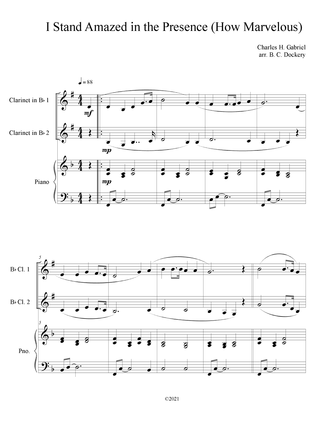 I Stand Amazed in the Presence (How Marvelous) for Clarinet Duet with Piano Accompaniment (arr. B. C. Dockery)