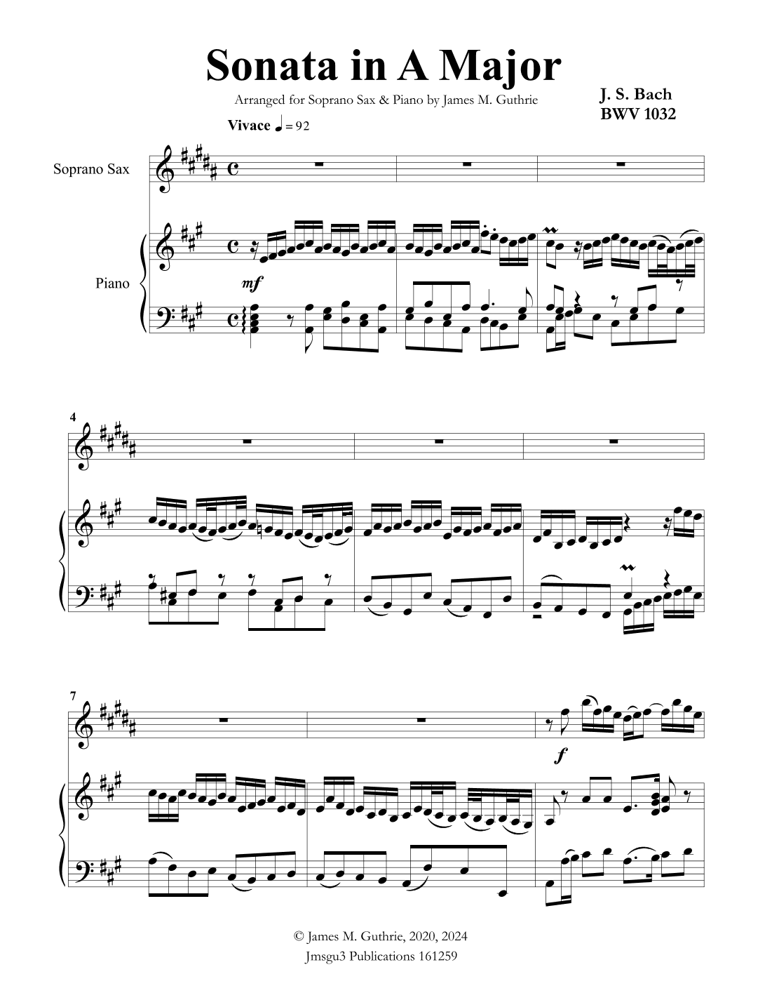 BACH: Sonata in A BWV 1032 for Soprano Sax & Piano (arr. James Guthrie)