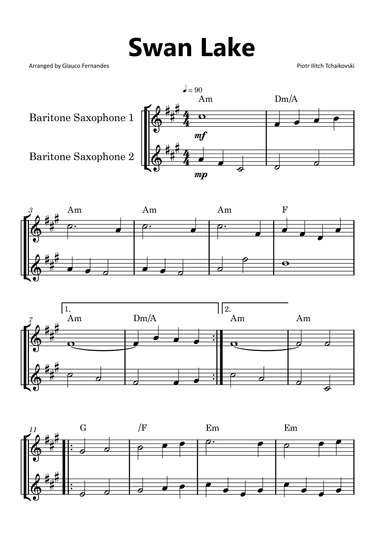 Swan Lake - Baritone Saxophone Duet with Chord Notations (arr. Glauco Fernandes)