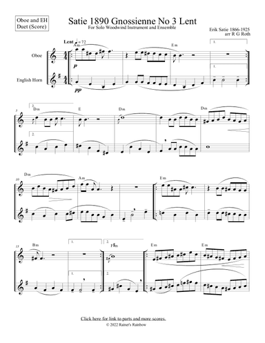 Satie Gnossienne No 3 for Oboe English Horn Duet With Chords (arr. R G Roth)