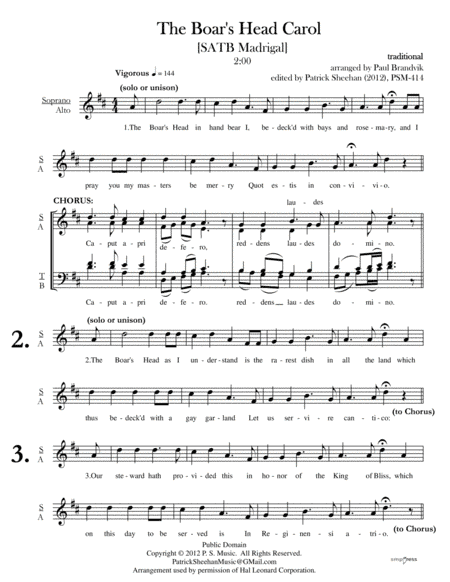 Boar's Head Carol [SATB madrigal] (arr. Paul Brandvik, edited by Patrick Sheehan)