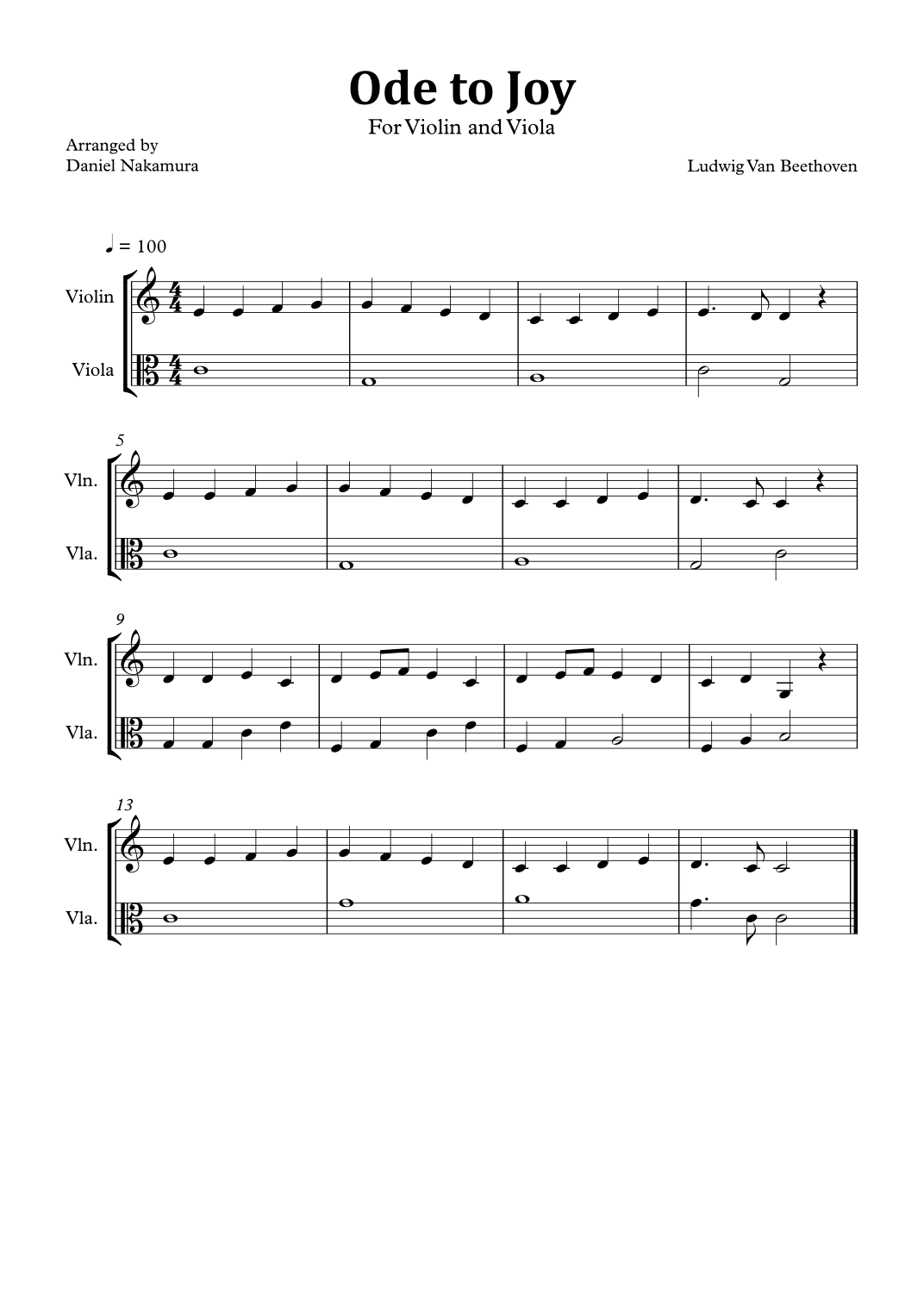 Ode to Joy (Easy Violin and Viola) (arr. Daniel Nakamura)