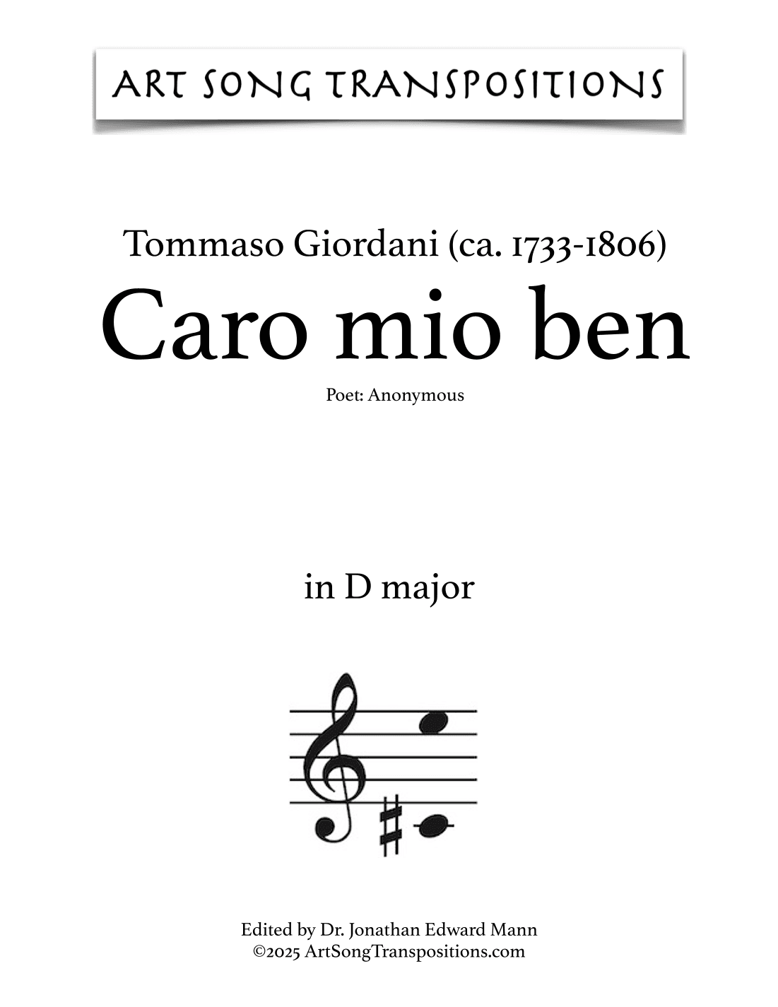 GIORDANI: Caro mio ben (transposed to D major) (arr. ArtSongTranspositions.com)